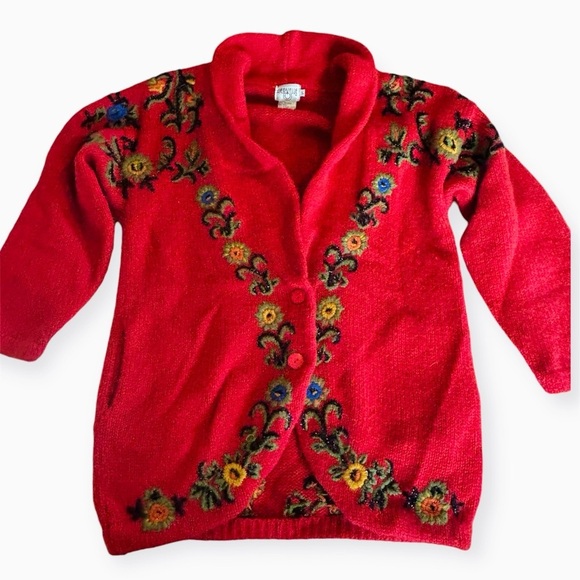CERVELLE Vintage Wool Blend Embroidered Floral Longline Shawl Collar Cardigan L - Picture 10 of 12